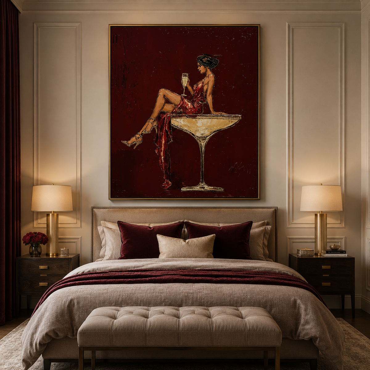 Velvet Toast-Red Champagne Woman Painting