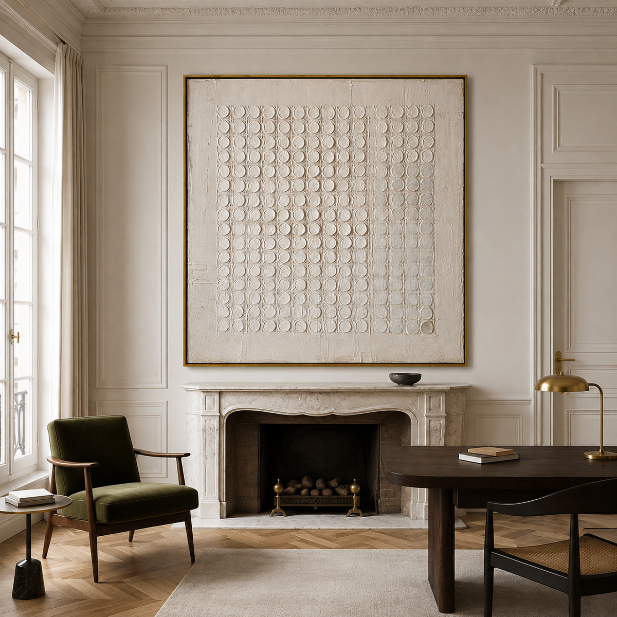 Ivory Grid-Circular Textured Abstract Painting