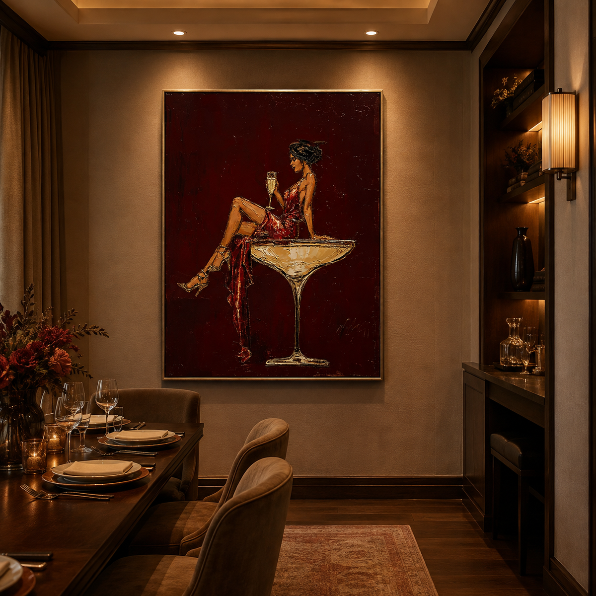 Velvet Toast-Red Champagne Woman Painting