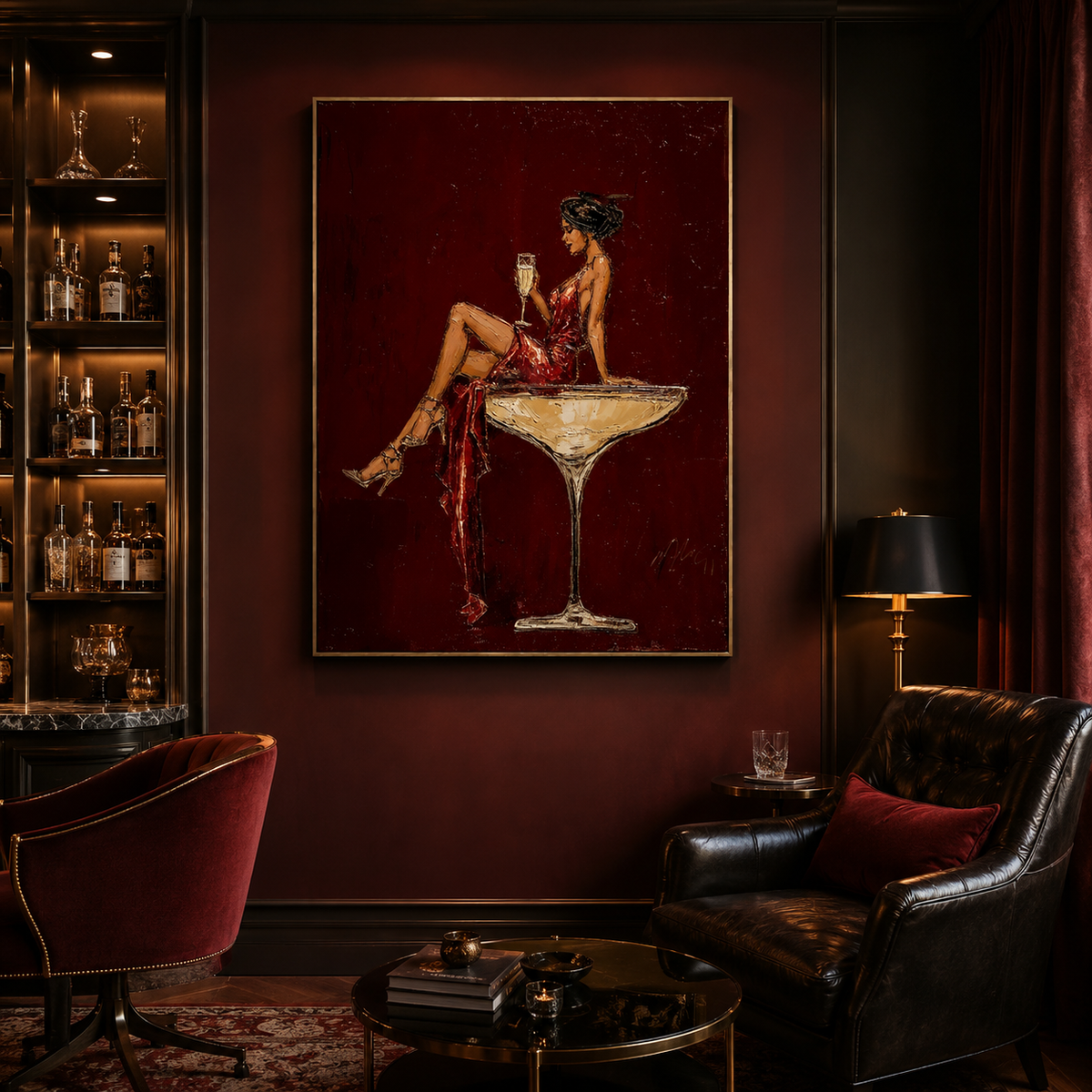 Velvet Toast-Red Champagne Woman Painting