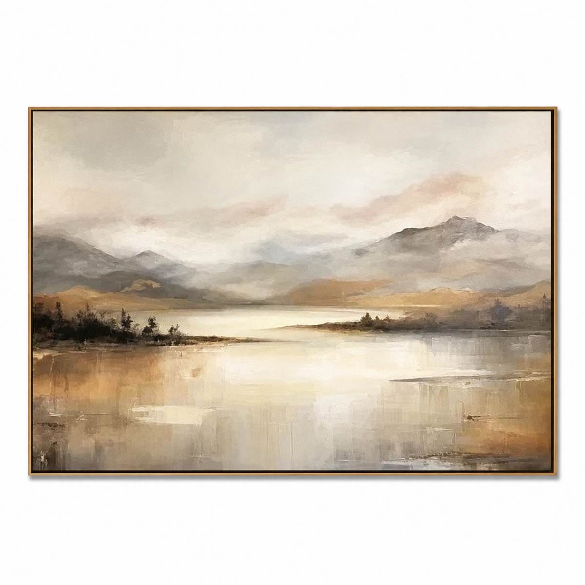 Golden Stillness-Misty Mountain Lake Painting