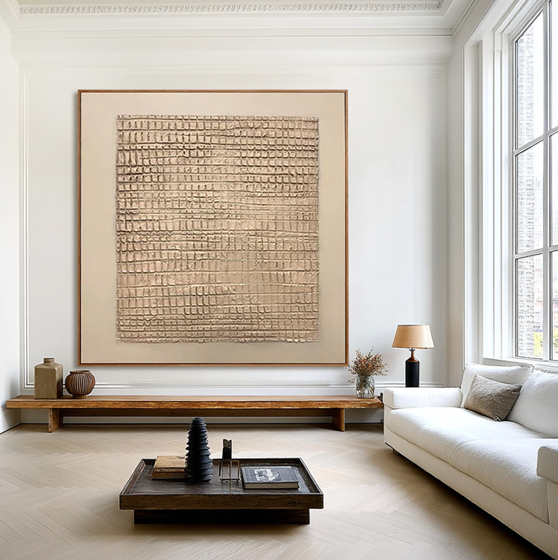 Linen Grid-Textured Abstract Painting