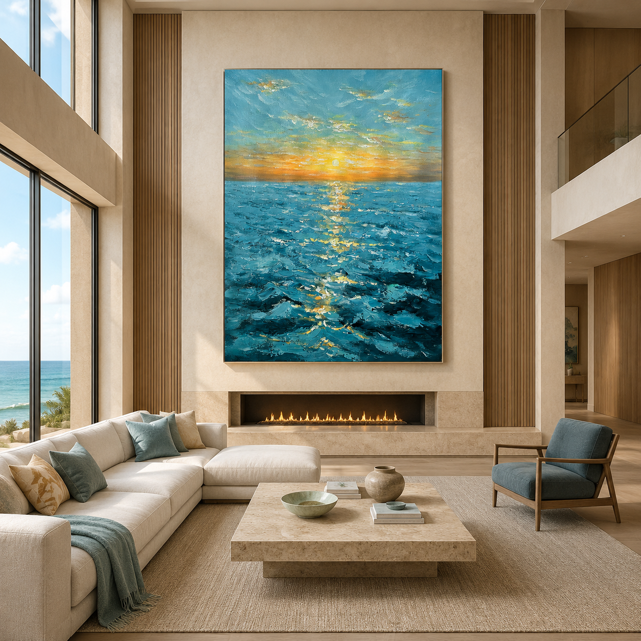 Golden Horizon-Turquoise Sunset Seascape Painting