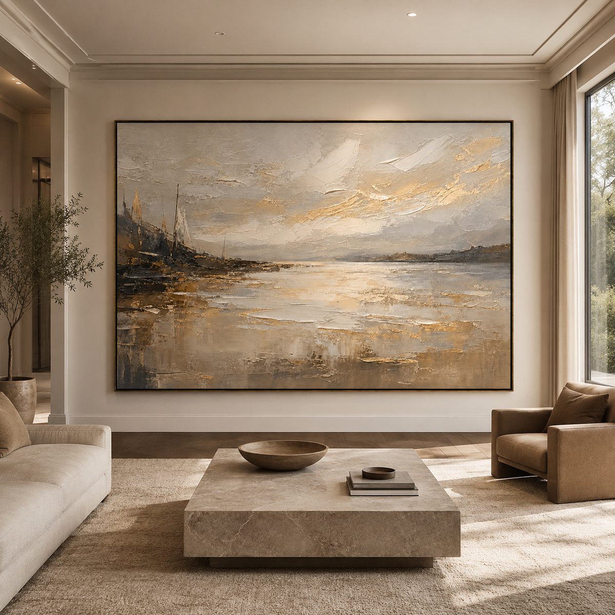 Champagne Horizon-Golden Coastal Landscape Painting