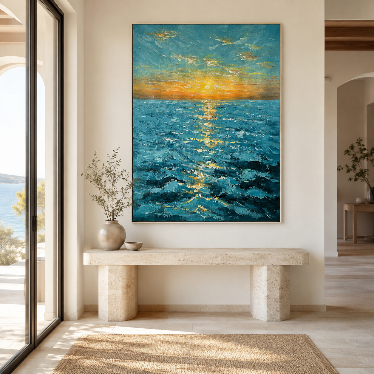 Golden Horizon-Turquoise Sunset Seascape Painting