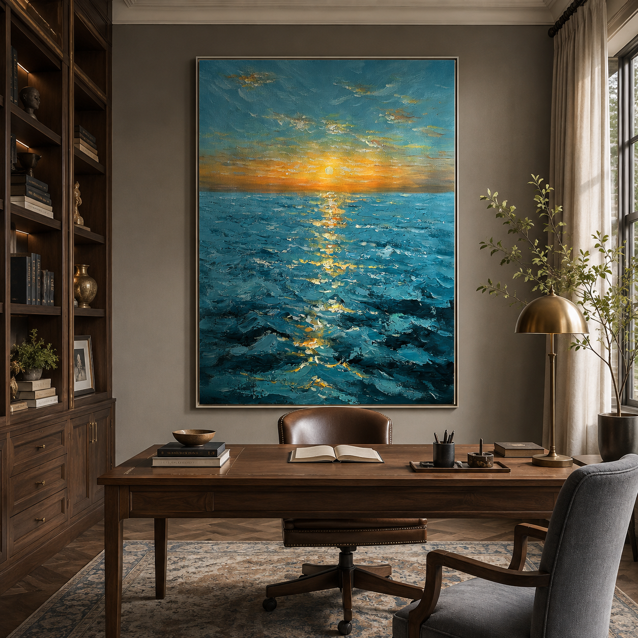 Golden Horizon-Turquoise Sunset Seascape Painting