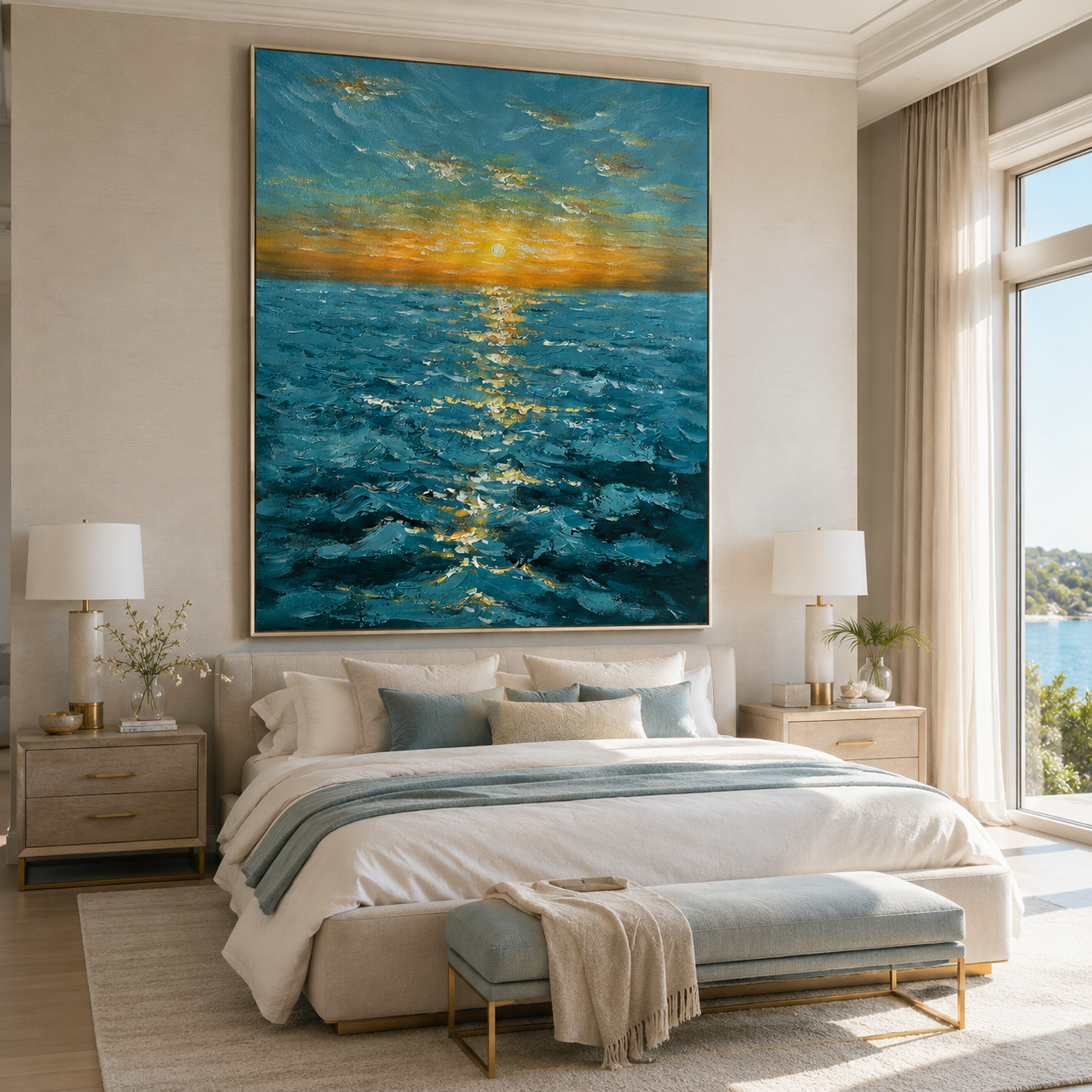 Golden Horizon-Turquoise Sunset Seascape Painting