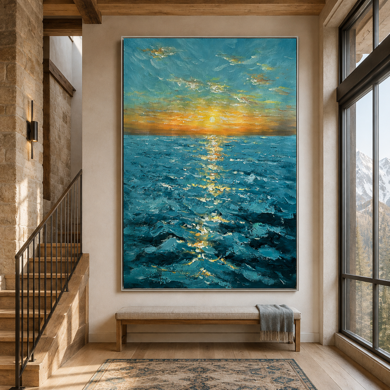 Golden Horizon-Turquoise Sunset Seascape Painting