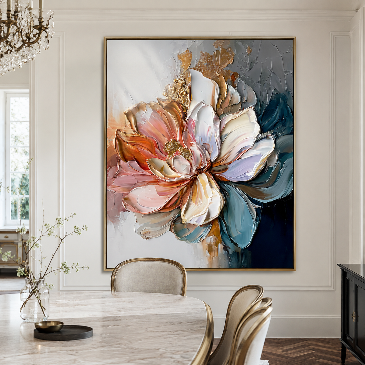 Chromatic Bloom-Teal Pink Impasto Flower Painting