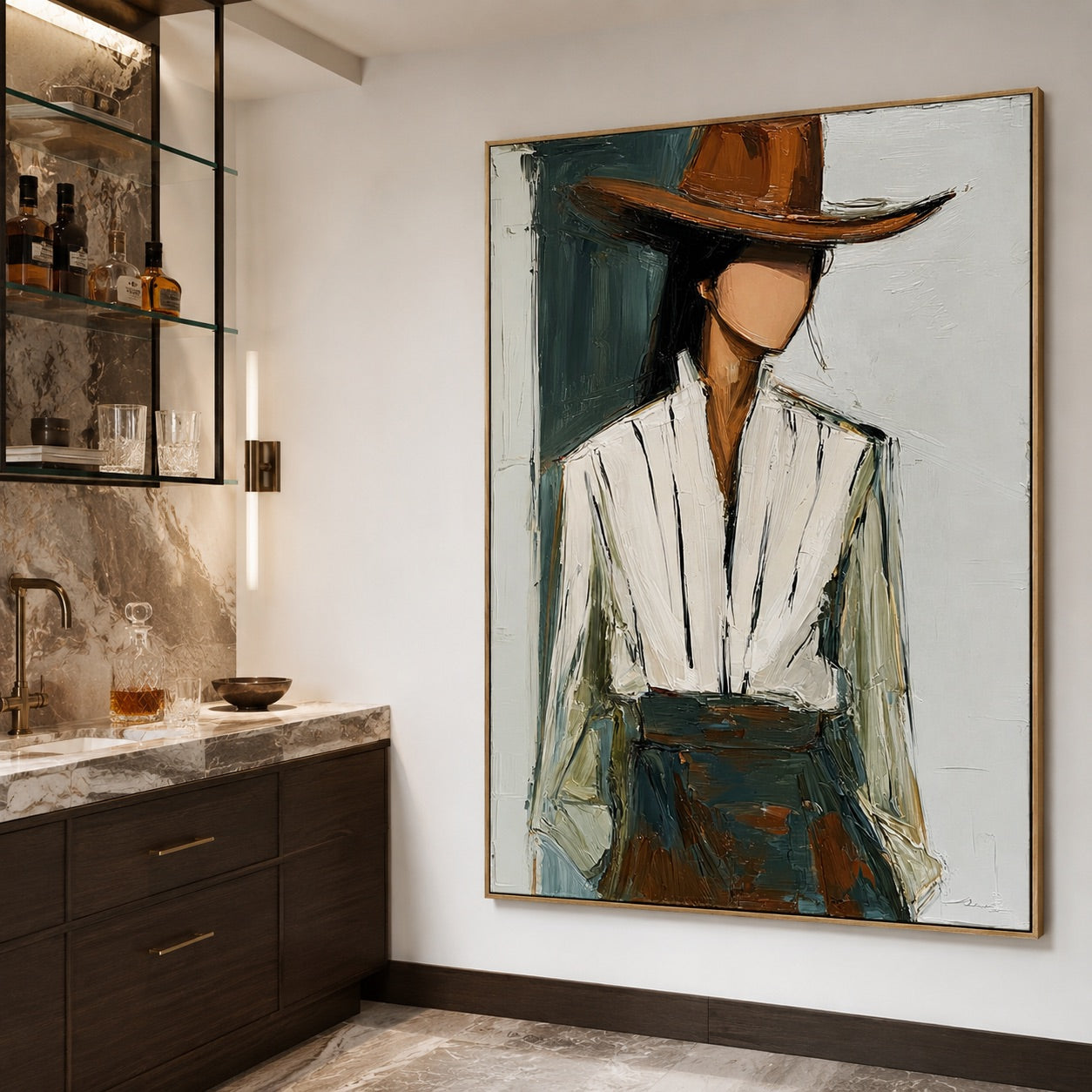 Teal Tailored-Cowgirl Fashion Oil Painting