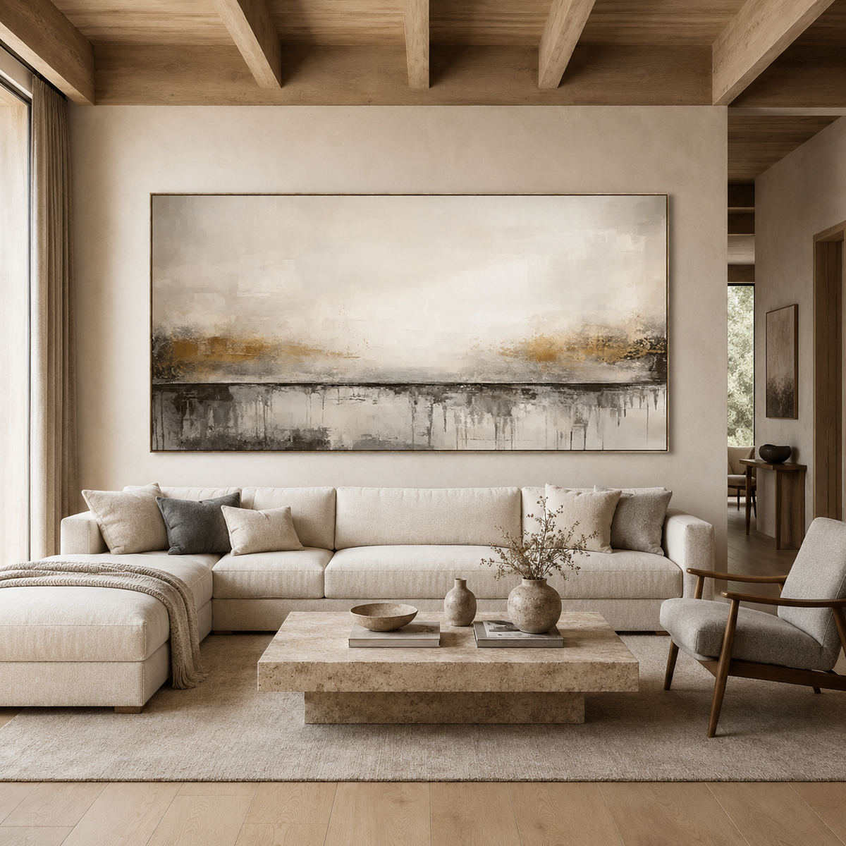 Golden Horizon-Neutral Panoramic Abstract Painting