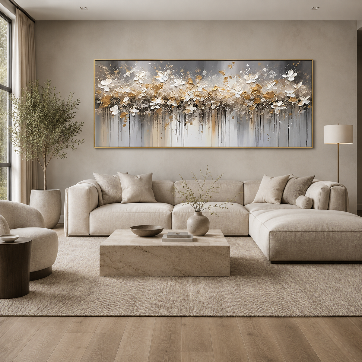 Gilded Drift-White Gold Floral Abstract Painting