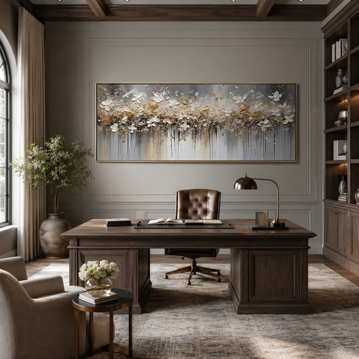 Gilded Drift-White Gold Floral Abstract Painting