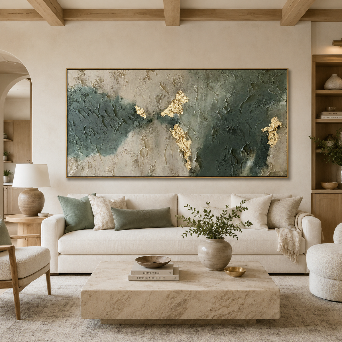 Verdant Veil-Green Gold Textured Abstract Painting