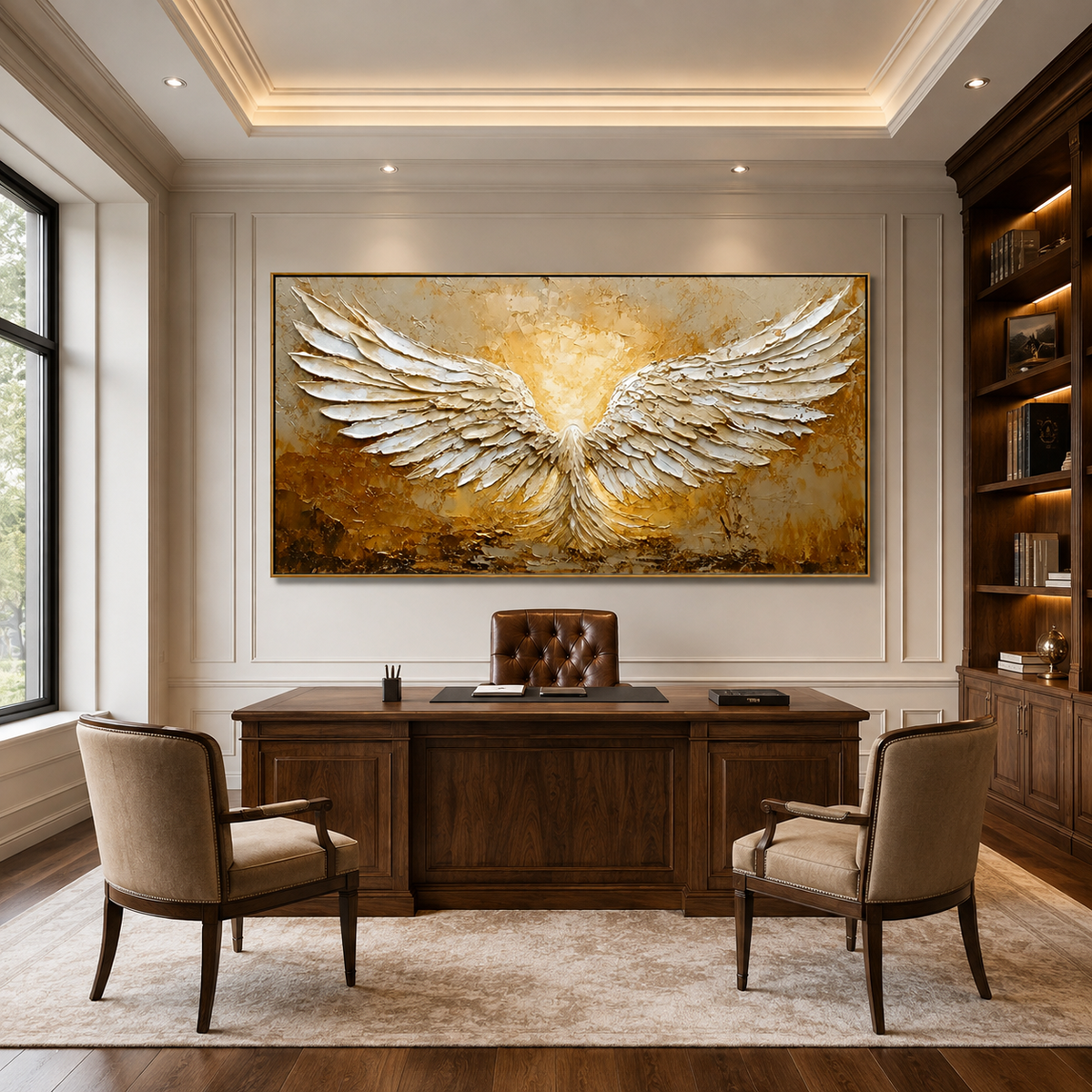 Celestial Rise-White Gold Angel Wings Painting