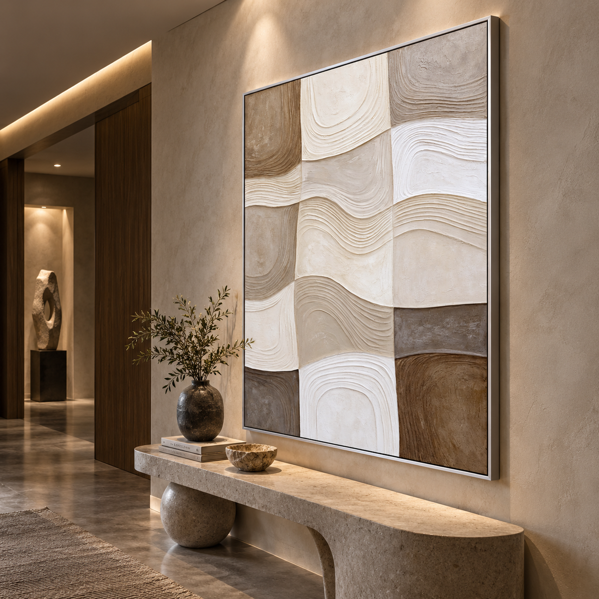 Neutral Grid-Textured Abstract Painting
