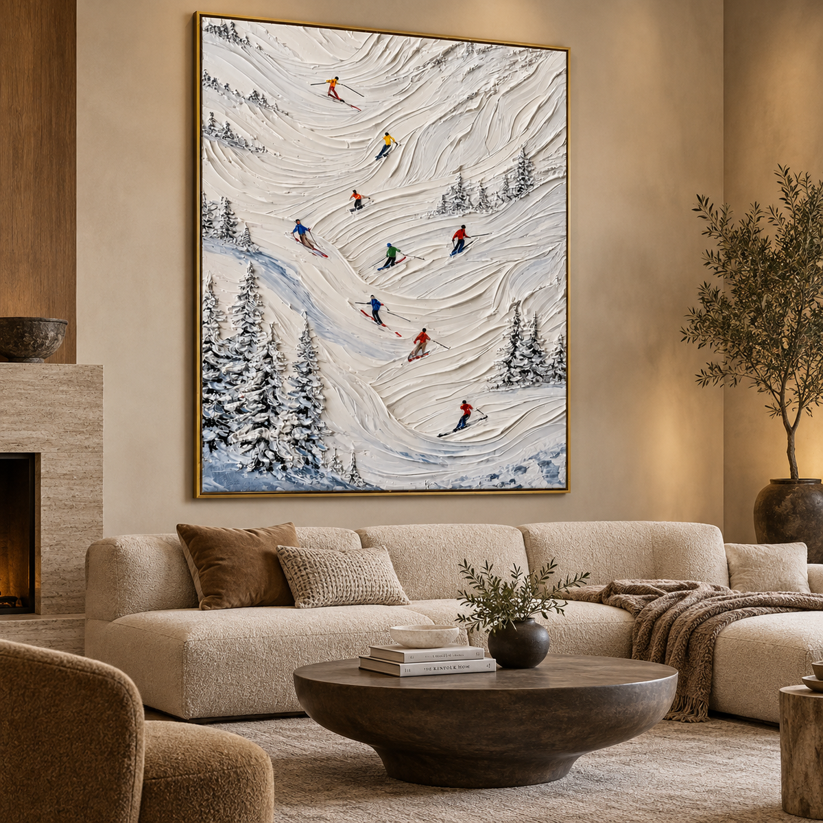 Alpine Ski Slope-Snow Mountain Adventure Textured Oil Painting