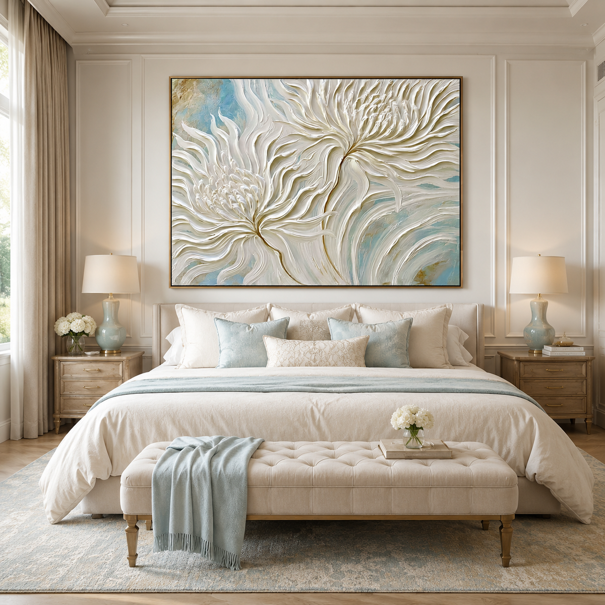 Ivory Whirl-White Chrysanthemum Impasto Painting