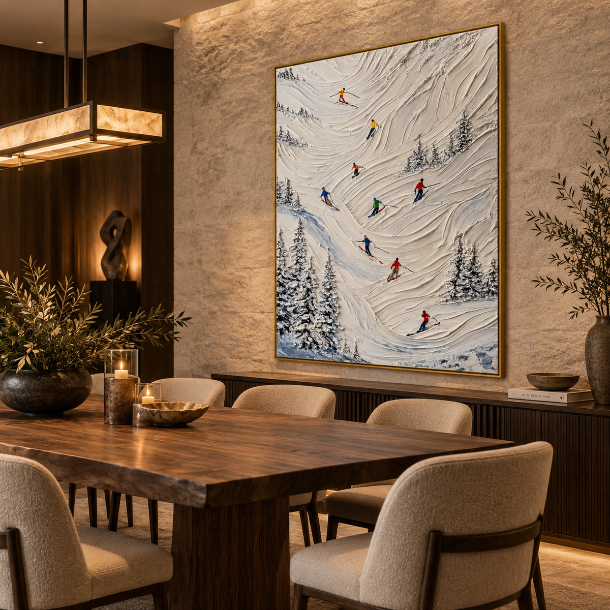 Alpine Ski Slope-Snow Mountain Adventure Textured Oil Painting
