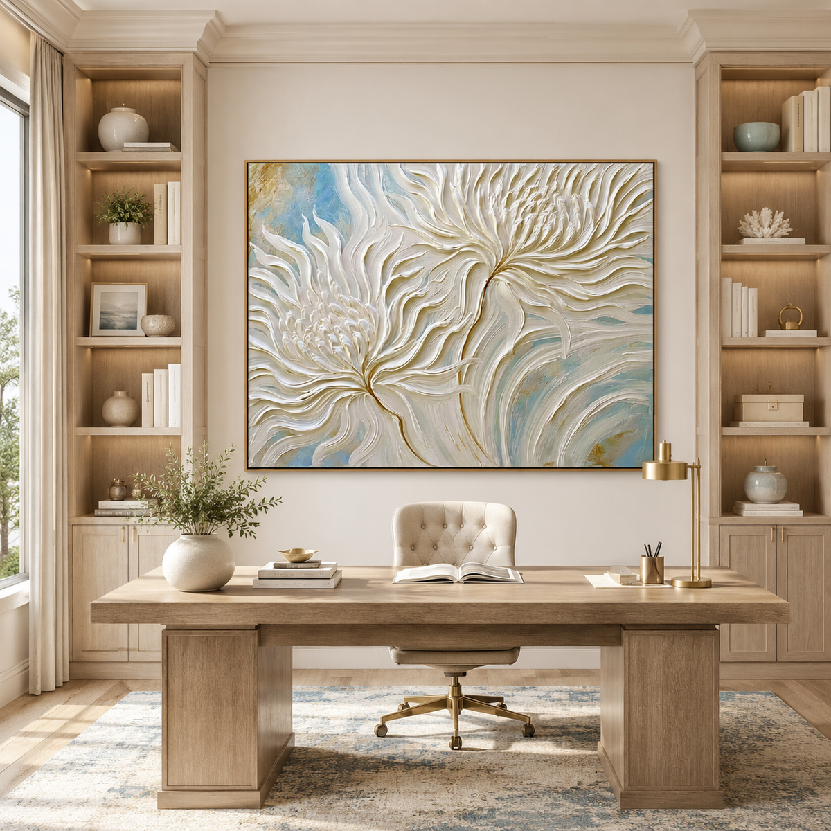 Ivory Whirl-White Chrysanthemum Impasto Painting
