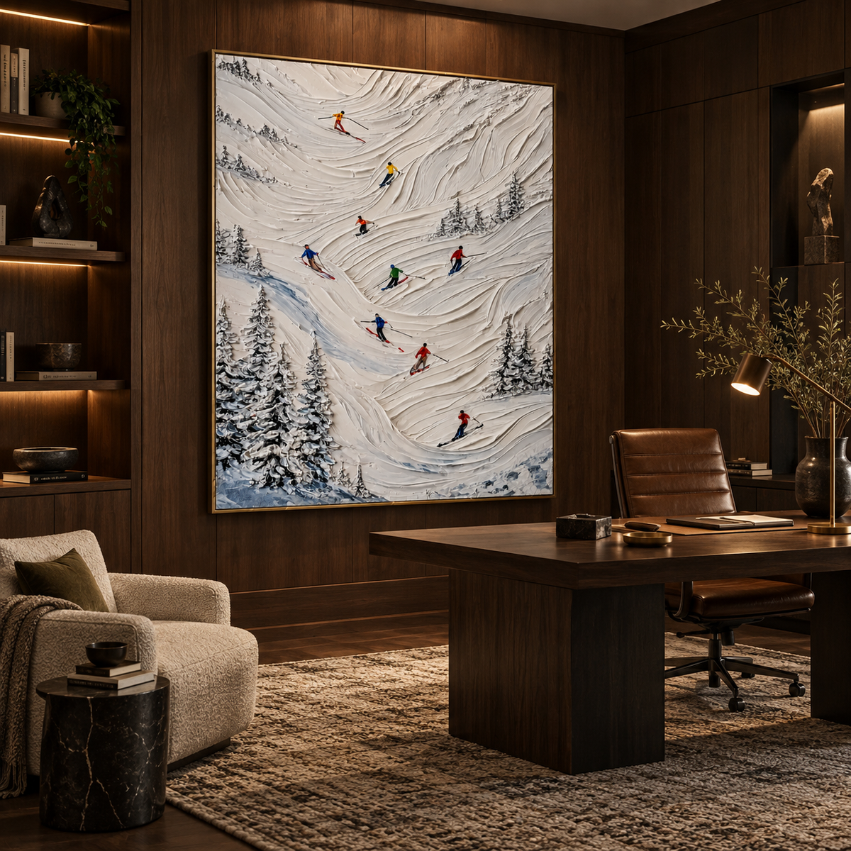 Alpine Ski Slope-Snow Mountain Adventure Textured Oil Painting