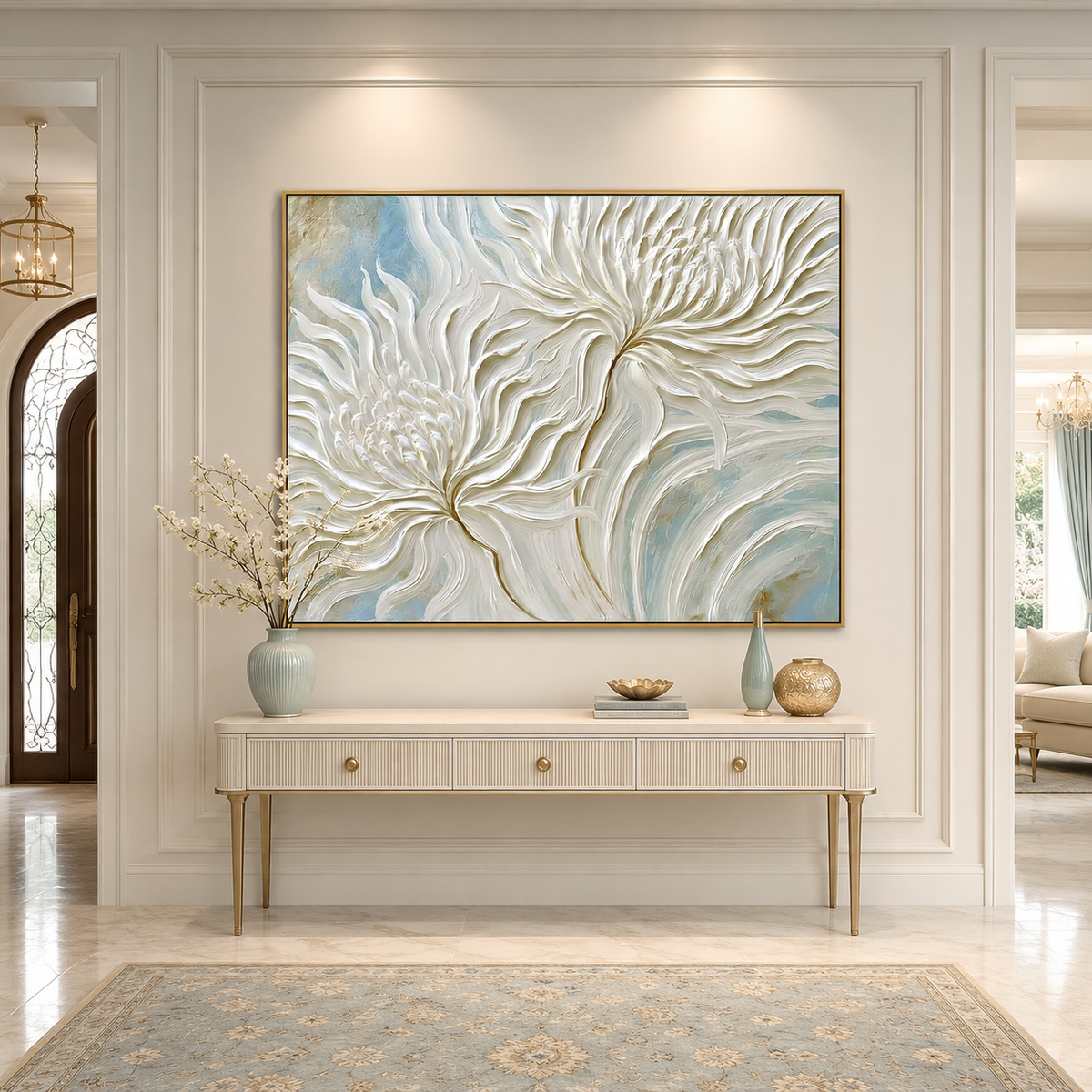 Ivory Whirl-White Chrysanthemum Impasto Painting