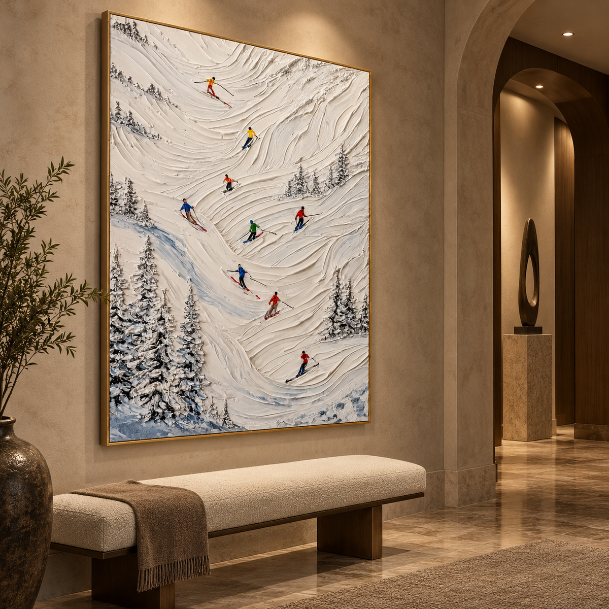 Alpine Ski Slope-Snow Mountain Adventure Textured Oil Painting