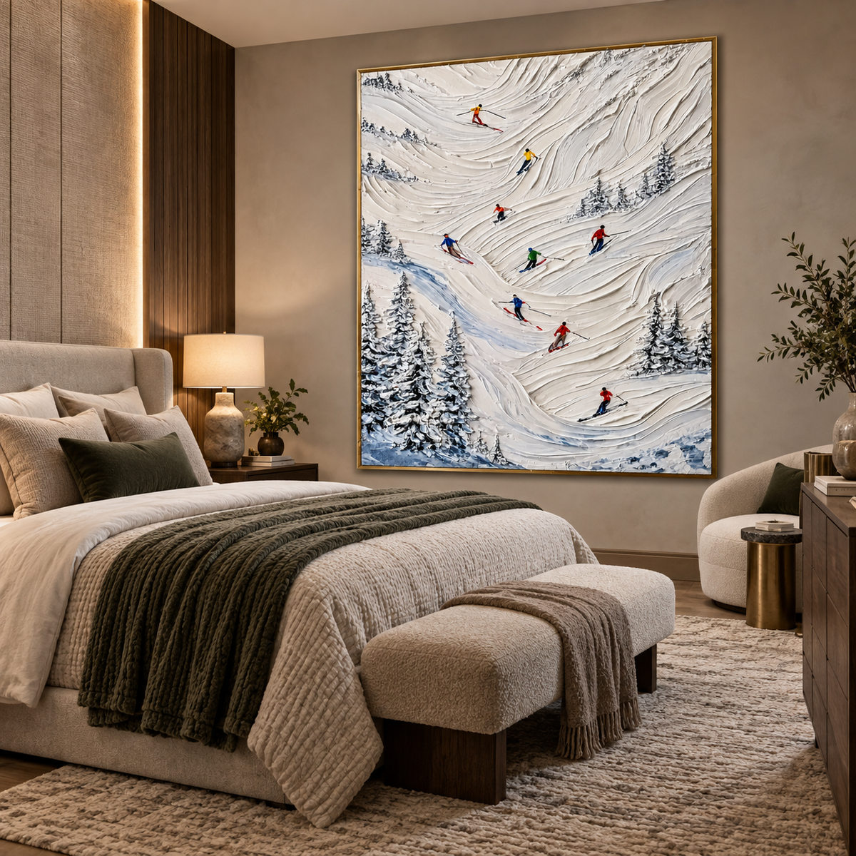 Alpine Ski Slope-Snow Mountain Adventure Textured Oil Painting