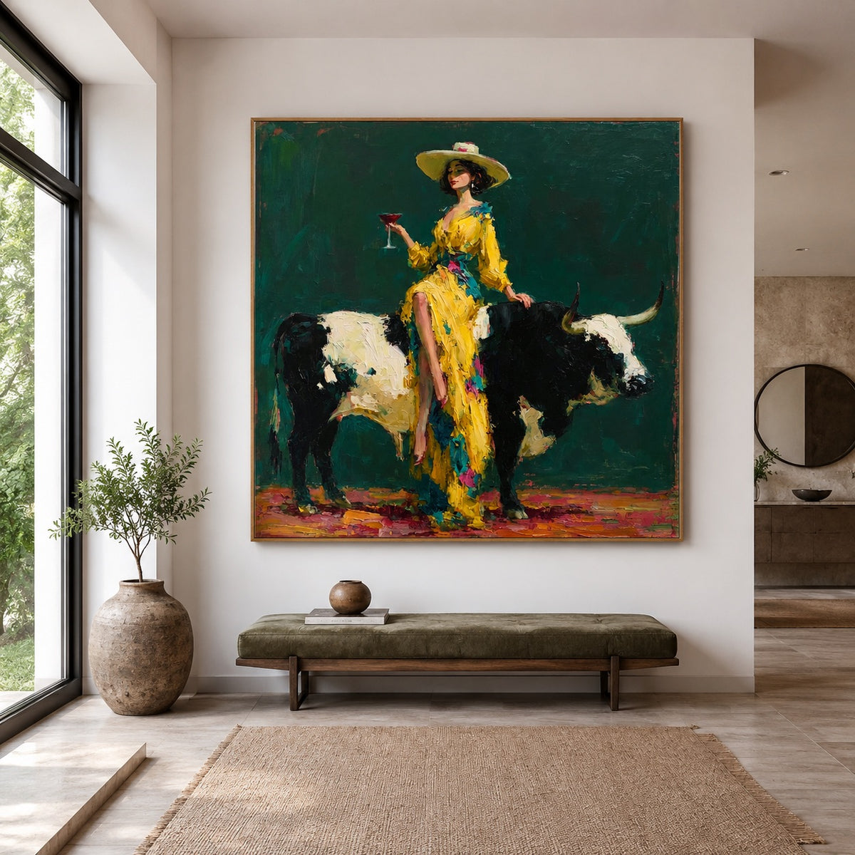 Golden Rodeo-Cowgirl Longhorn Oil Painting