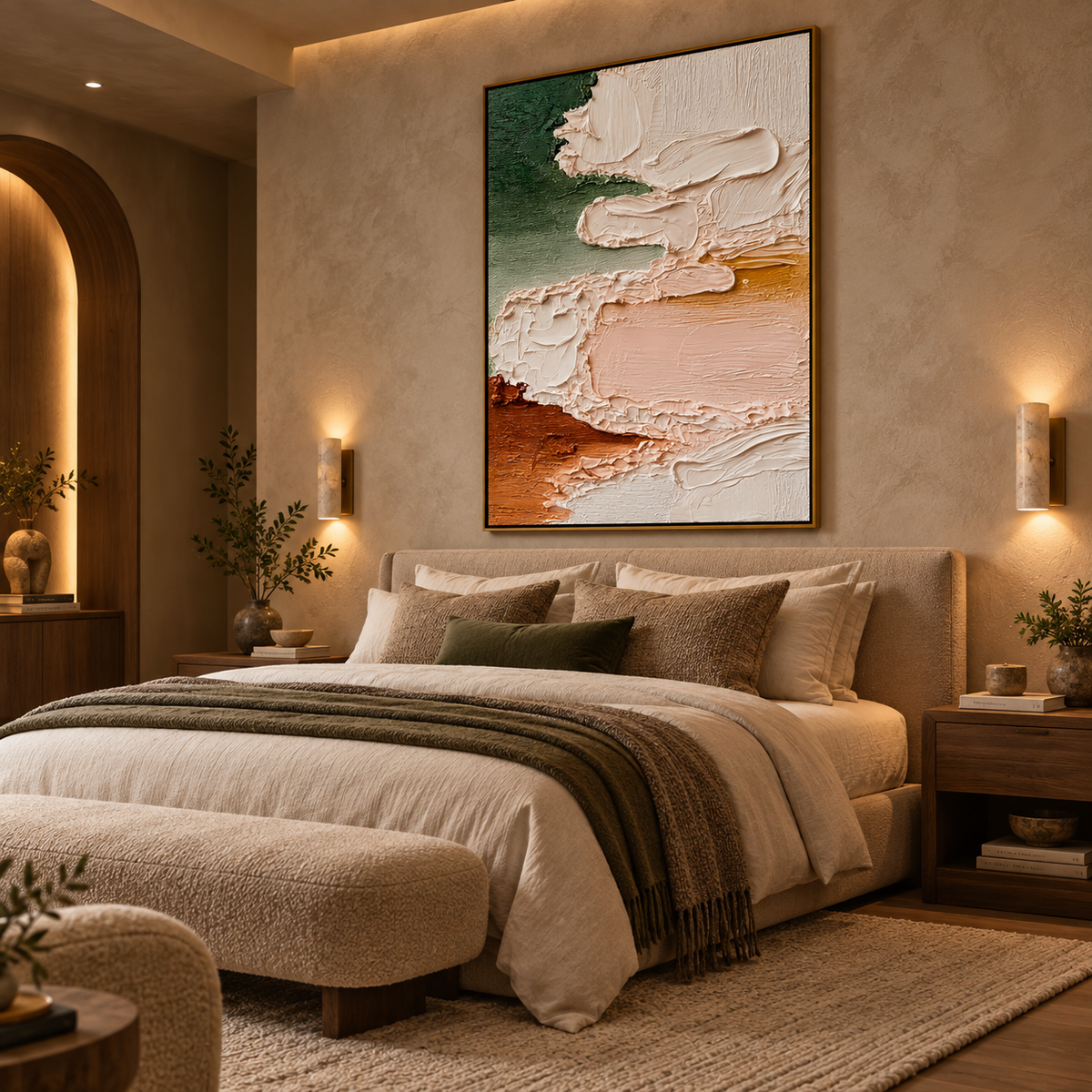 Organic Layers Harmony-Abstract Green Beige Textured Painting