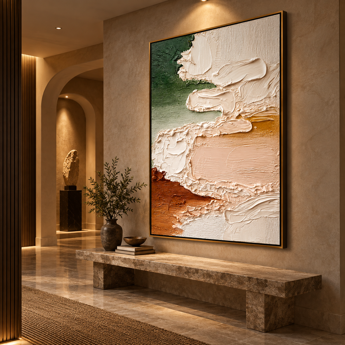 Organic Layers Harmony-Abstract Green Beige Textured Painting