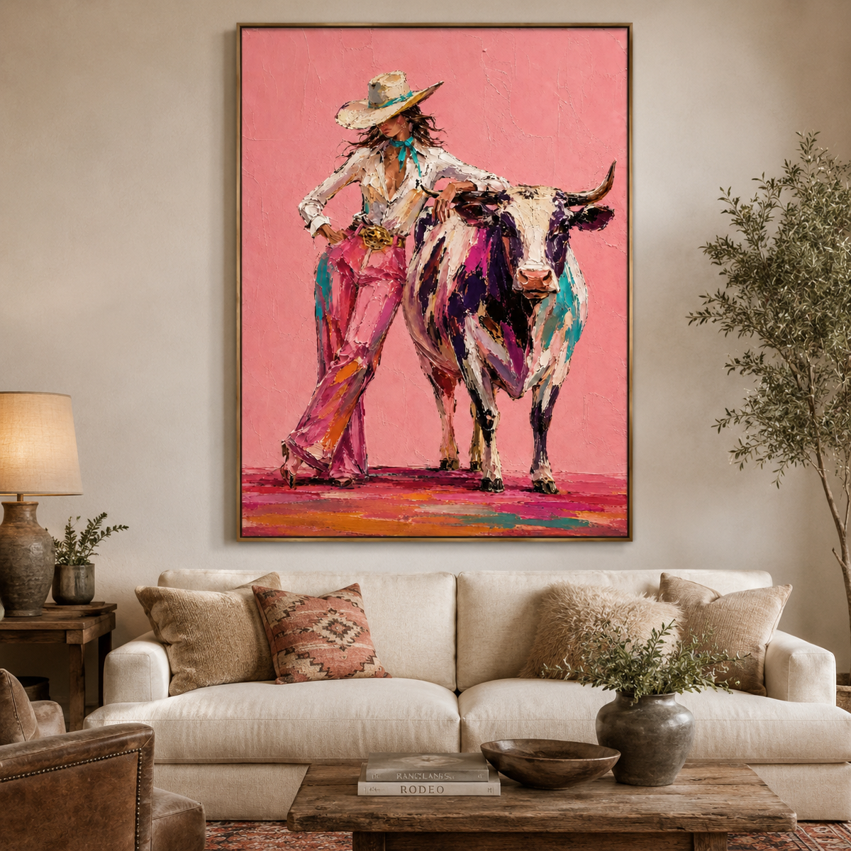 Cowboy Woman and Bull-Colorful Western Oil Painting