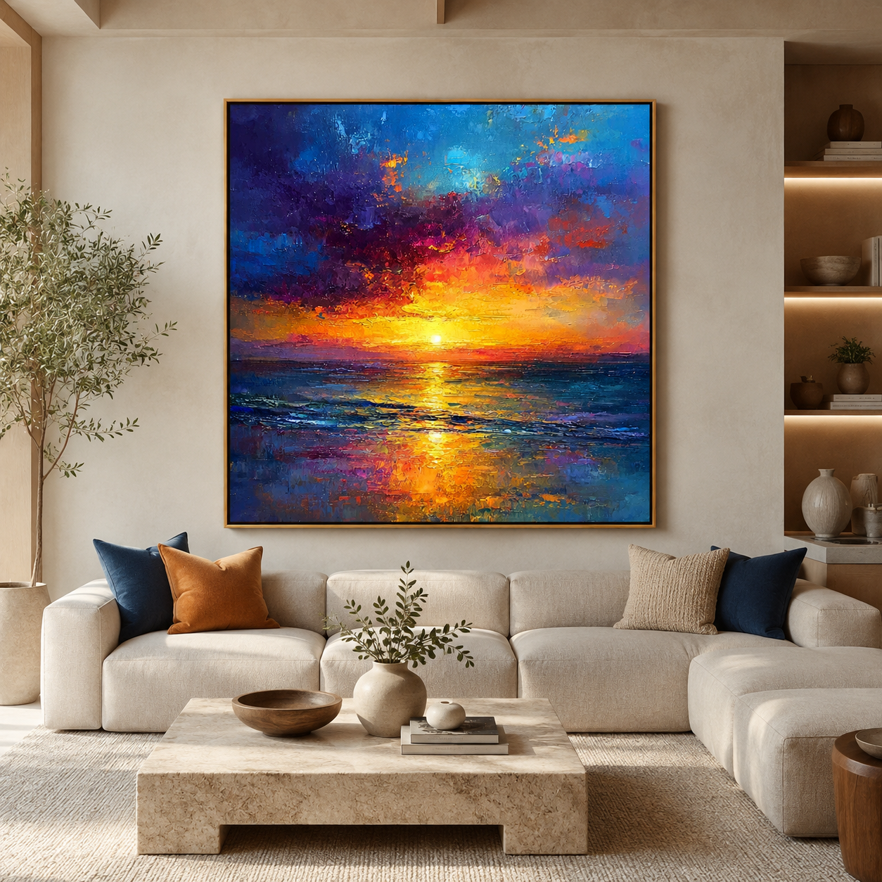 Golden Horizon-Abstract Sunset Ocean Painting