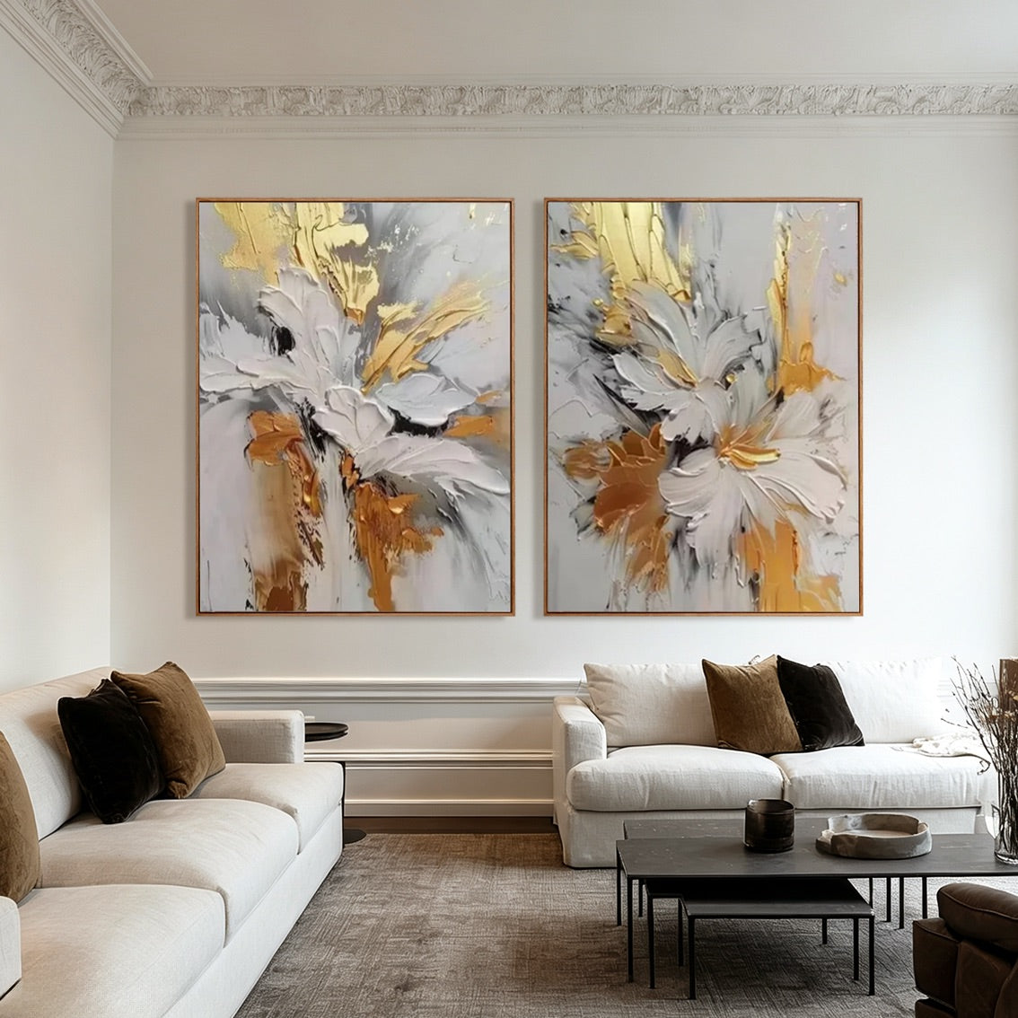 Ivory Bloom-Gold Abstract Floral Diptych