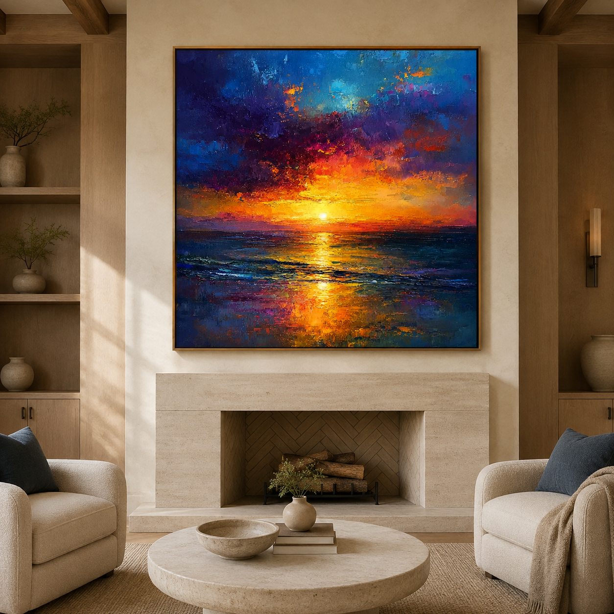 Golden Horizon-Abstract Sunset Ocean Painting