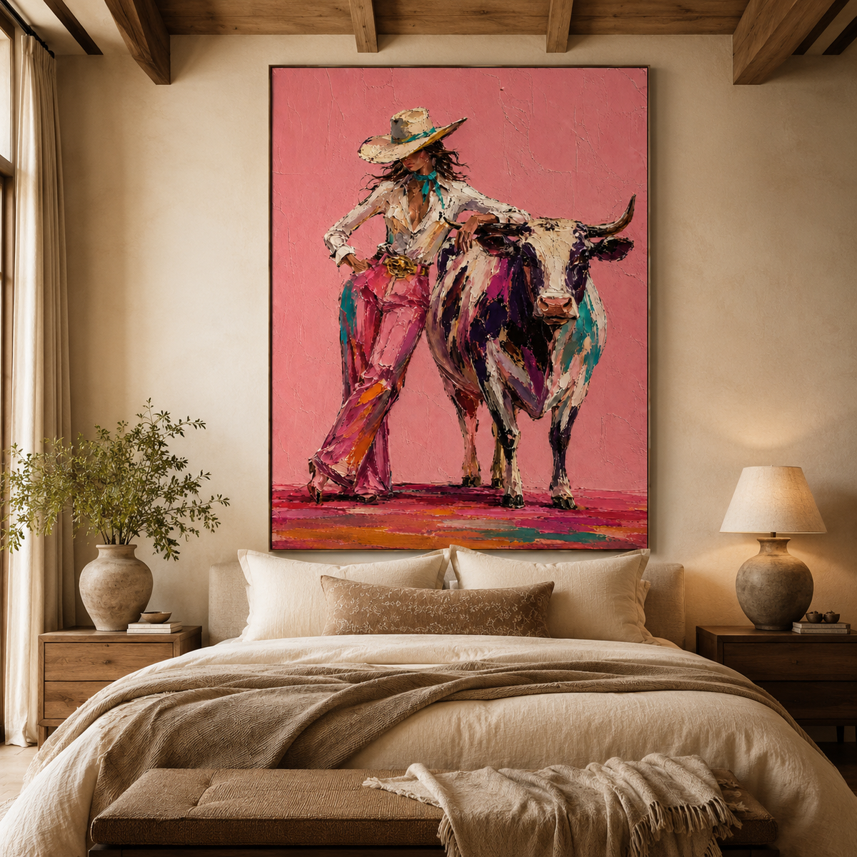 Cowboy Woman and Bull-Colorful Western Oil Painting