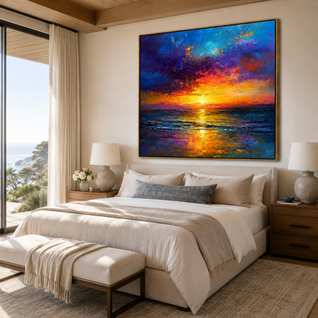Golden Horizon-Abstract Sunset Ocean Painting