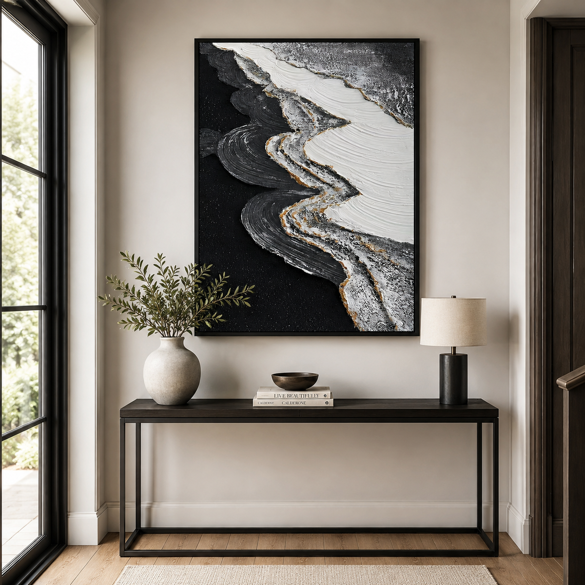 Obsidian Tide-Black Abstract Ocean Painting
