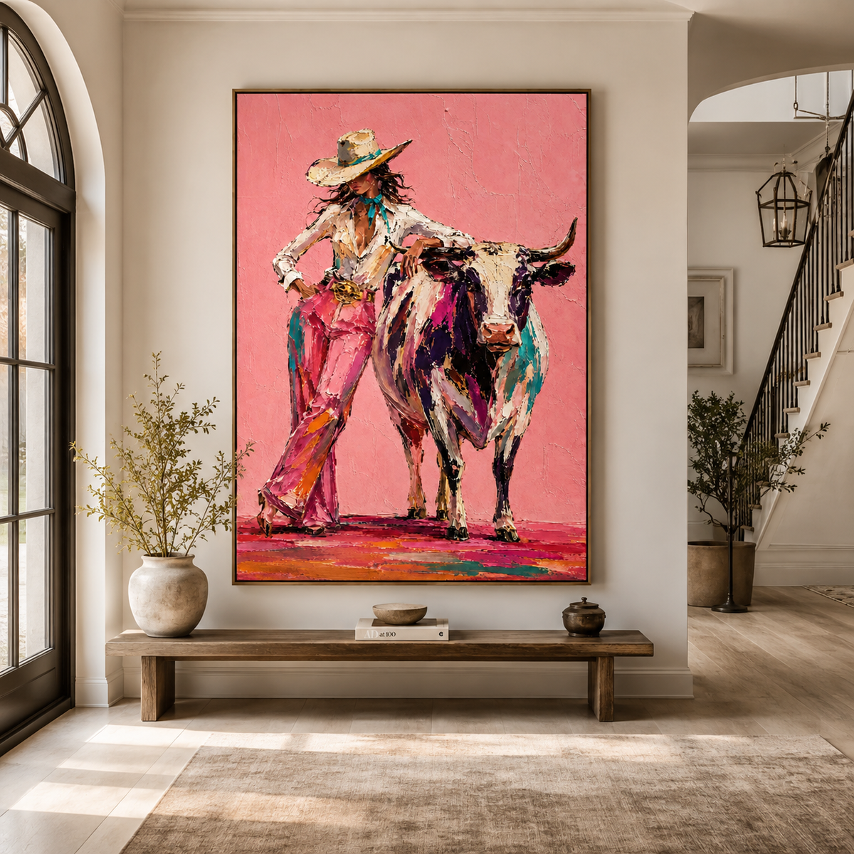 Cowboy Woman and Bull-Colorful Western Oil Painting