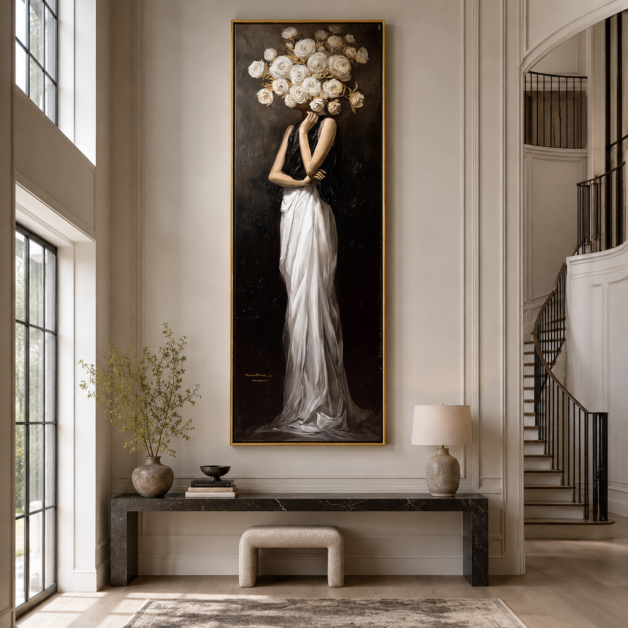 Silent Bloom-White Rose Woman Painting