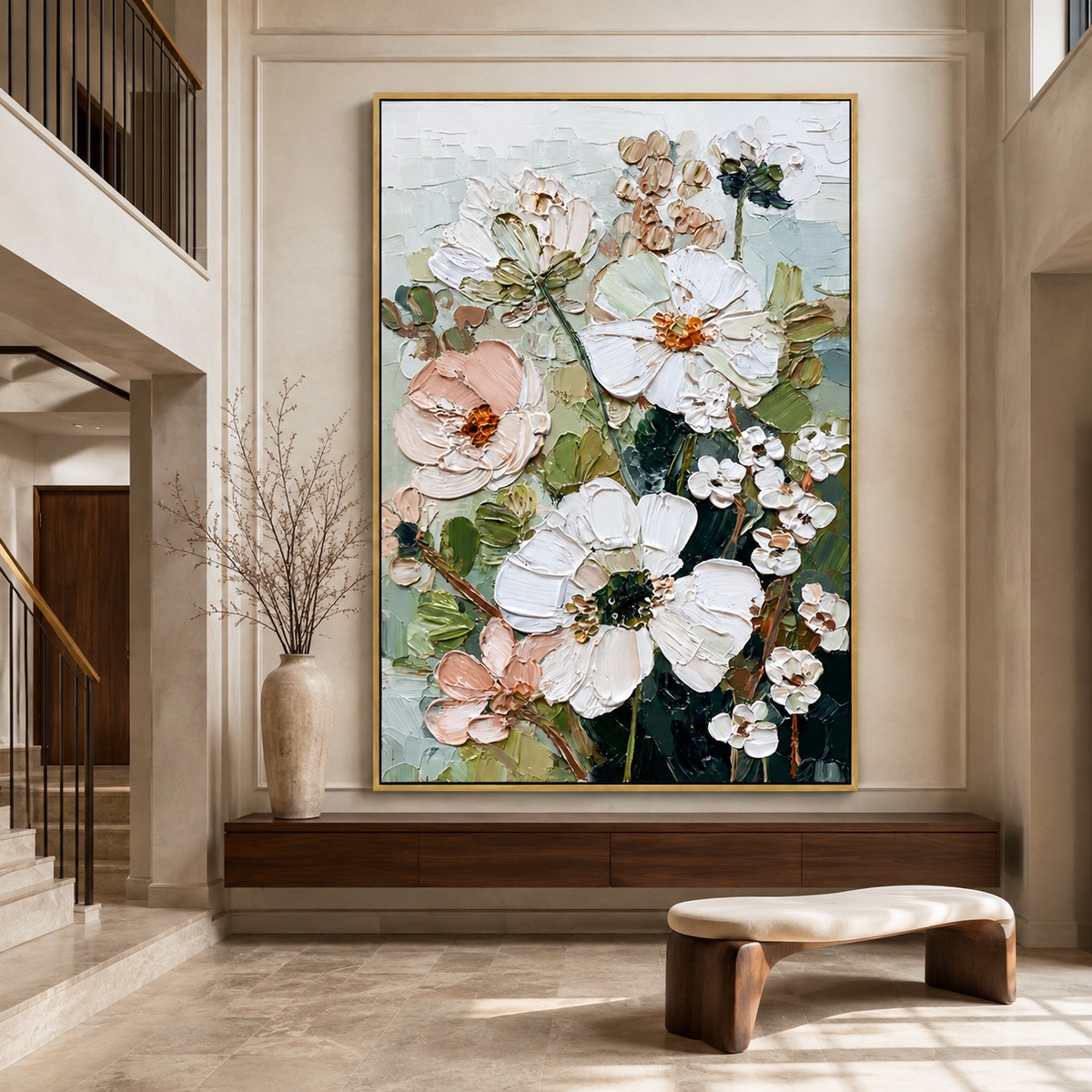 Ivory Blossom Grove-Textured Floral Oil Painting