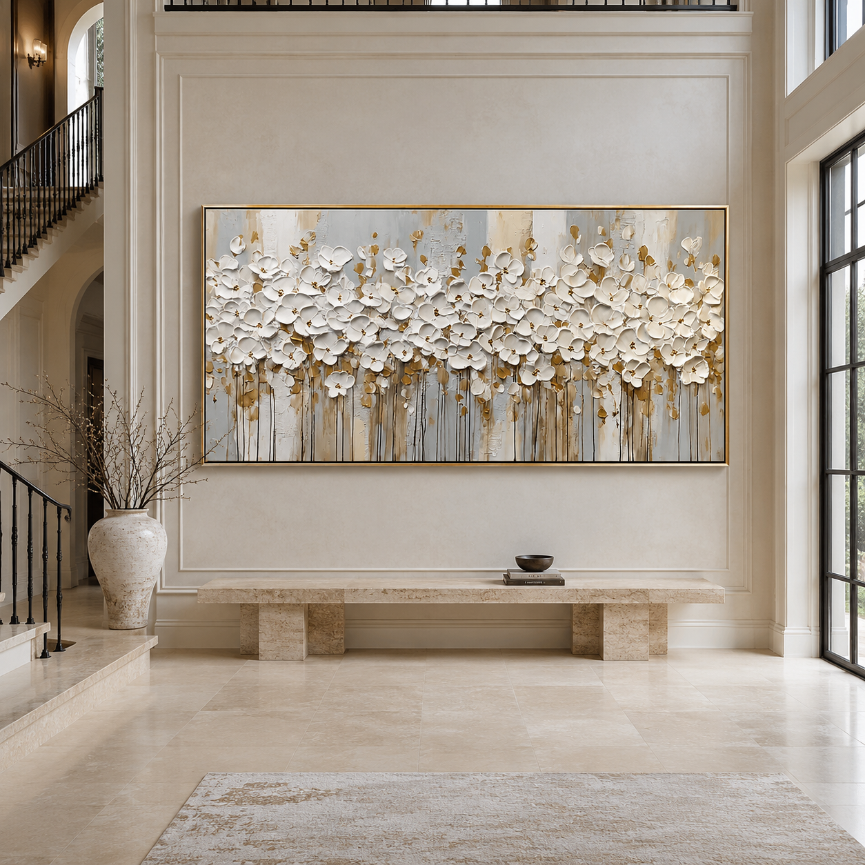 Ivory Blossom-White Gold Floral Painting