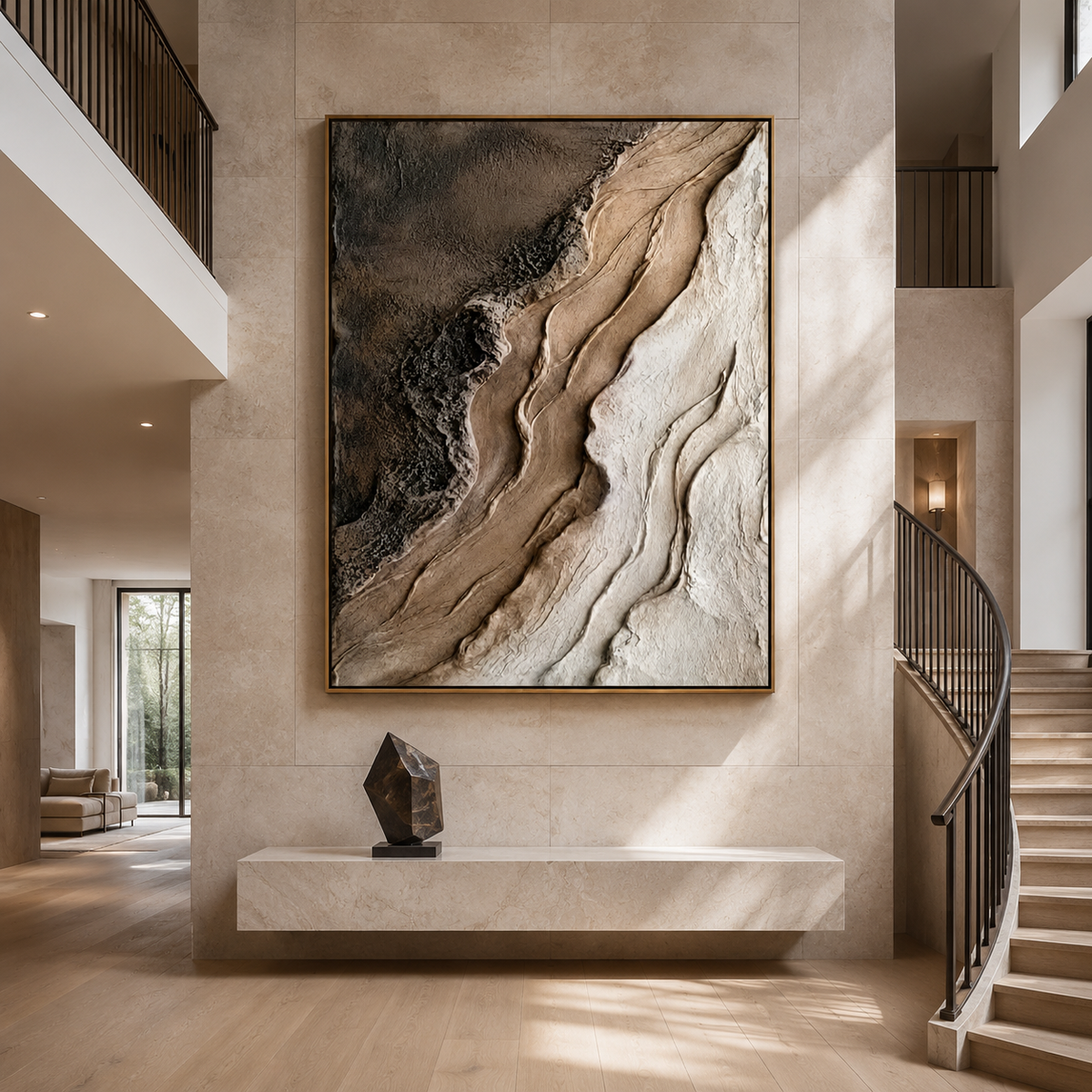Earthen Flow-Brown White Textured Abstract Painting