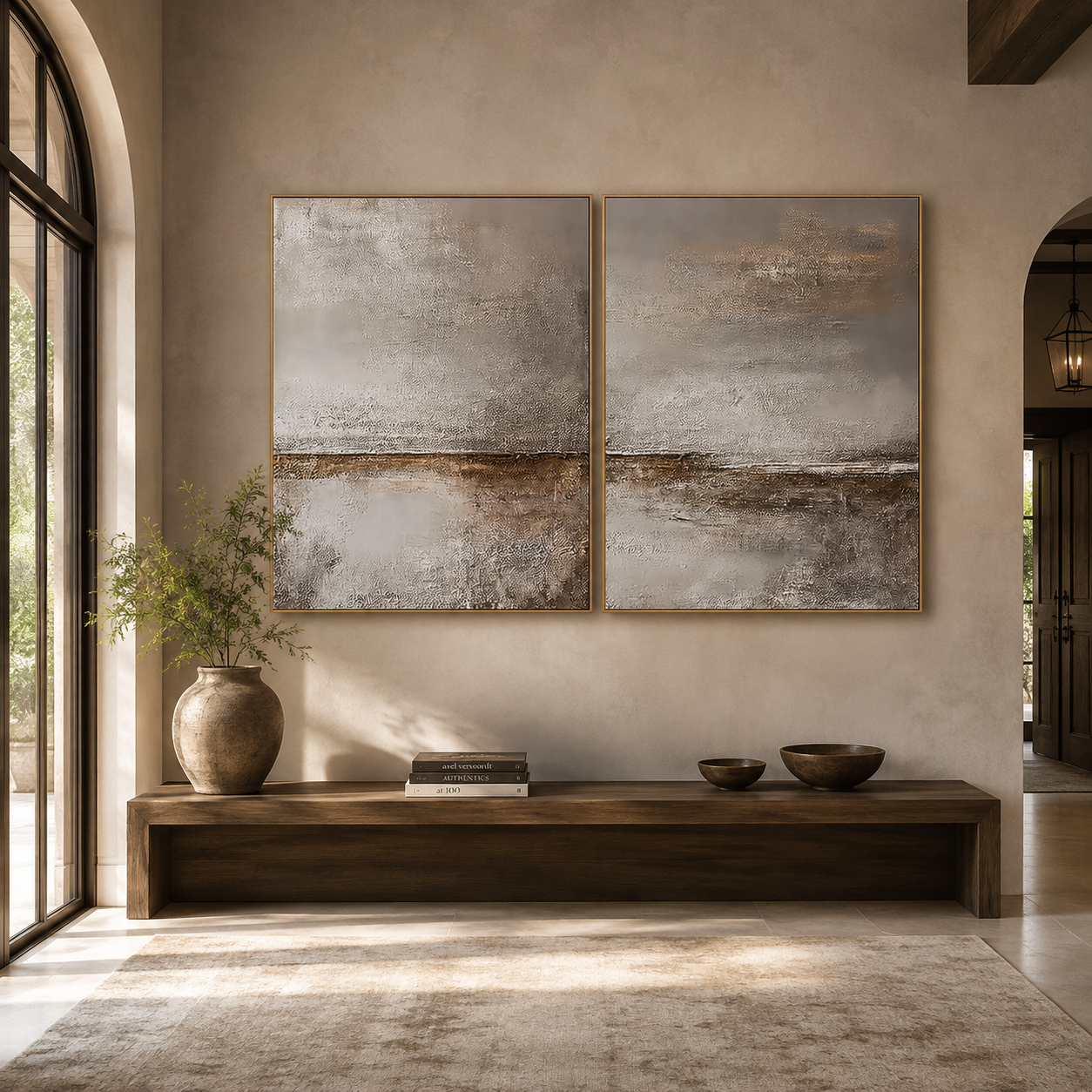 Still Horizon-Taupe Textured Diptych Painting