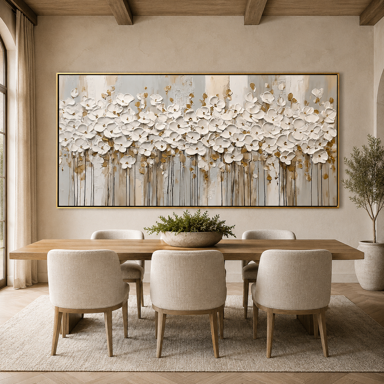 Ivory Blossom-White Gold Floral Painting
