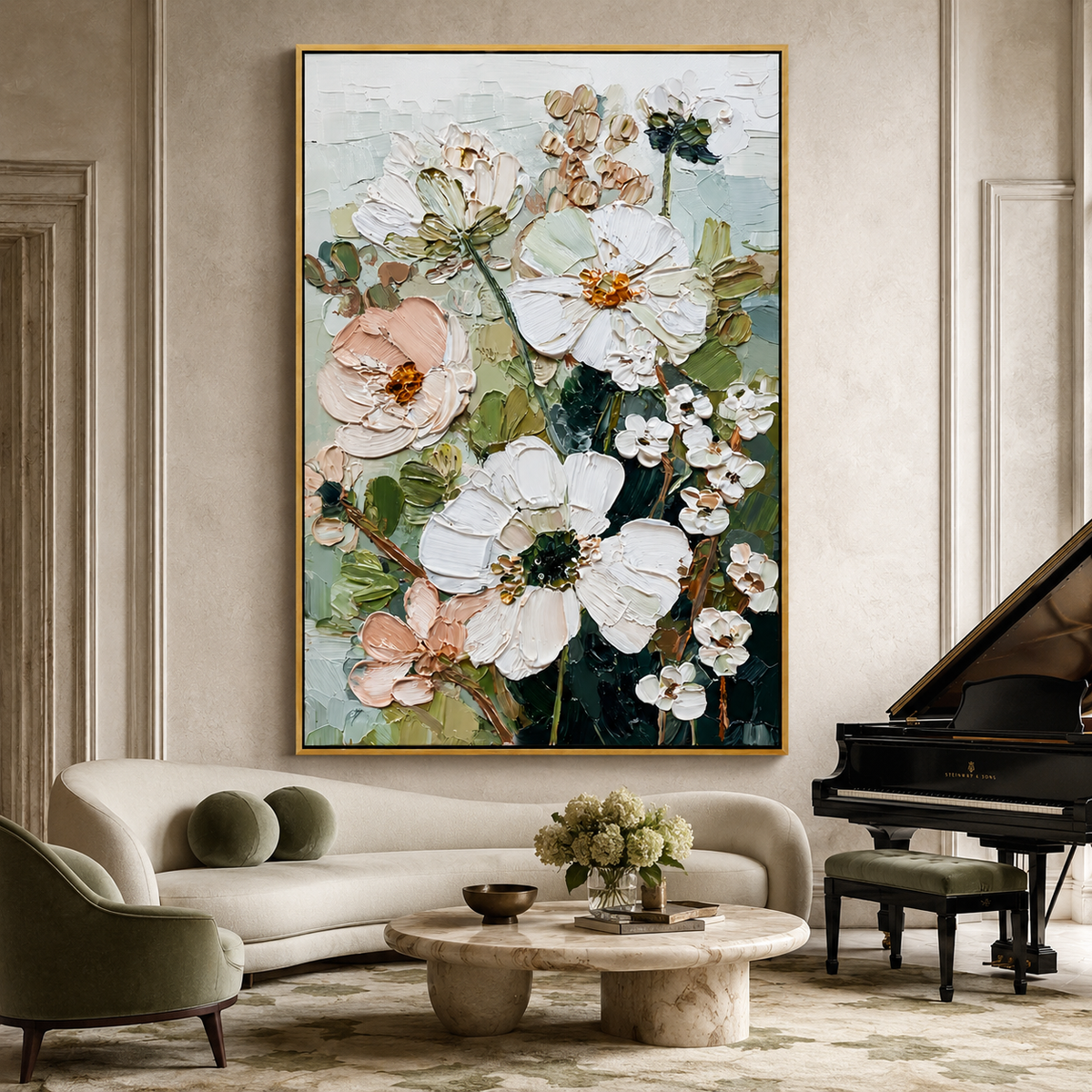 Ivory Blossom Grove-Textured Floral Oil Painting