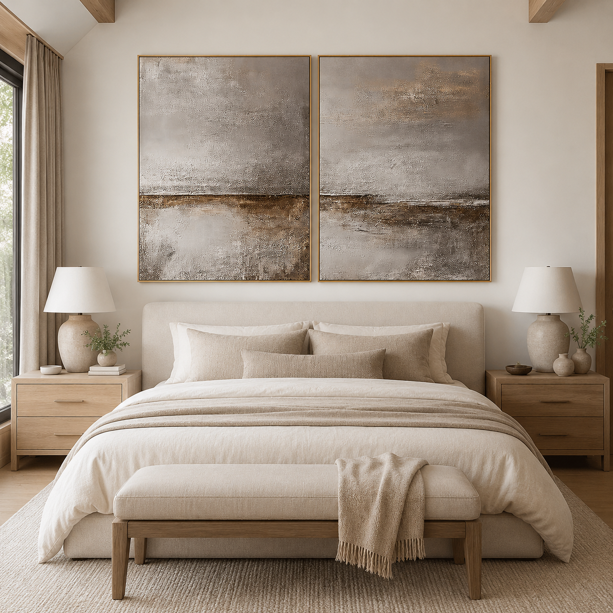 Still Horizon-Taupe Textured Diptych Painting