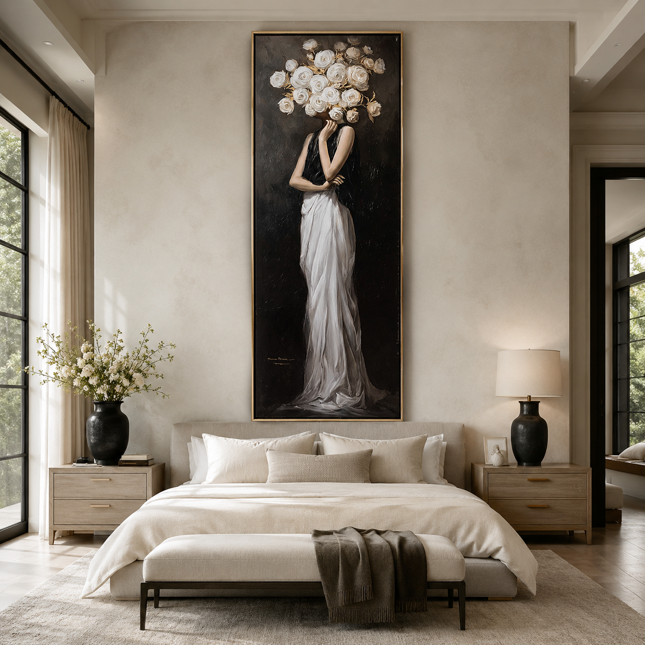 Silent Bloom-White Rose Woman Painting