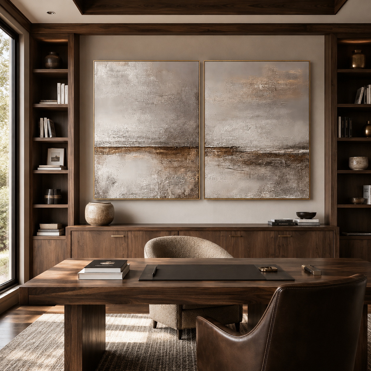 Still Horizon-Taupe Textured Diptych Painting