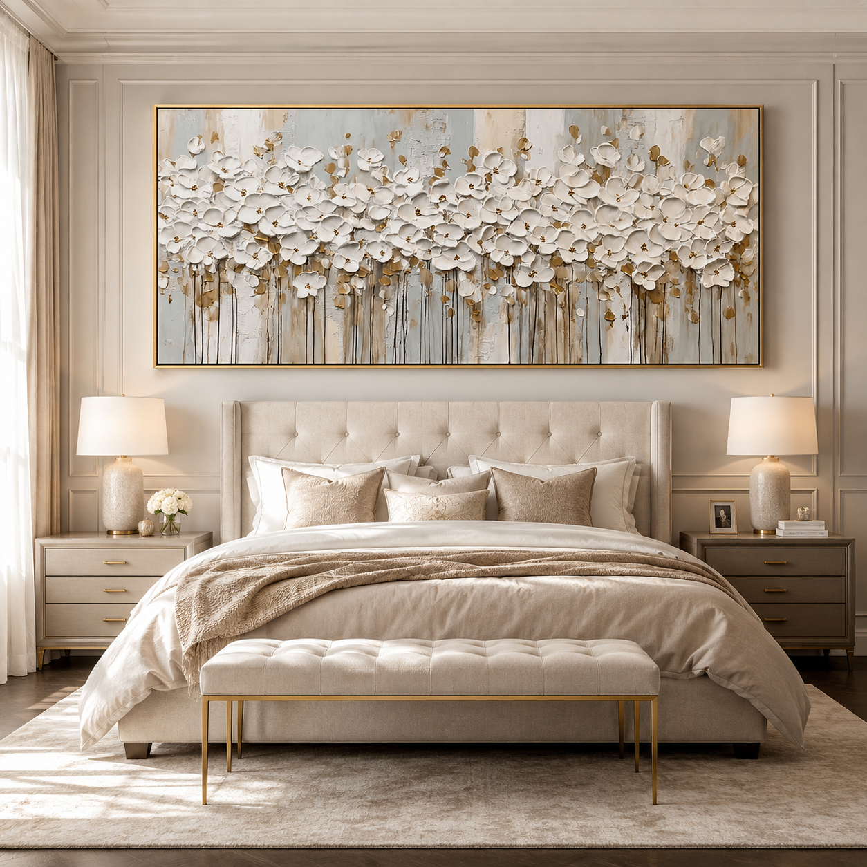 Ivory Blossom-White Gold Floral Painting